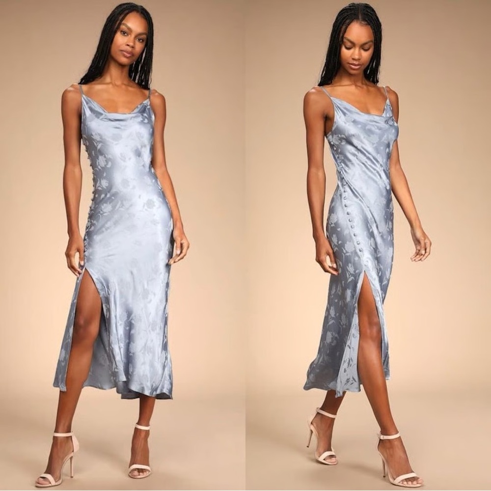 Lulu's Silver-Blue Satin Cowl Neck Midi Dress